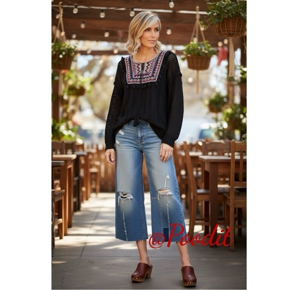 Flying Tomato Sweaters - FLYING TOMATO boho inspired black sweater top S M L
